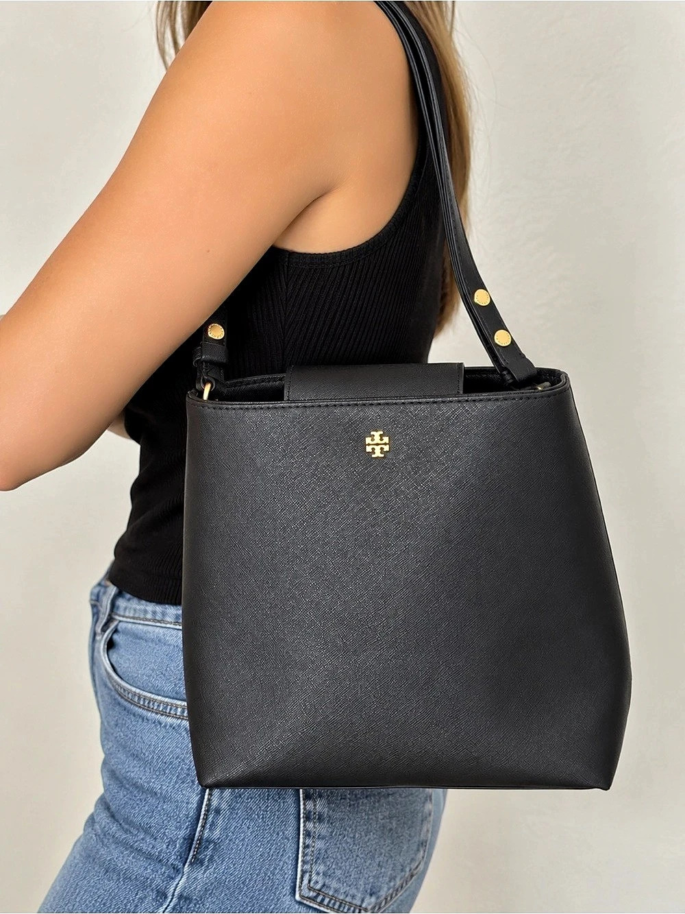 Tory Burch Emerson Black Saffiano Leather Bucket Shoulder Bag